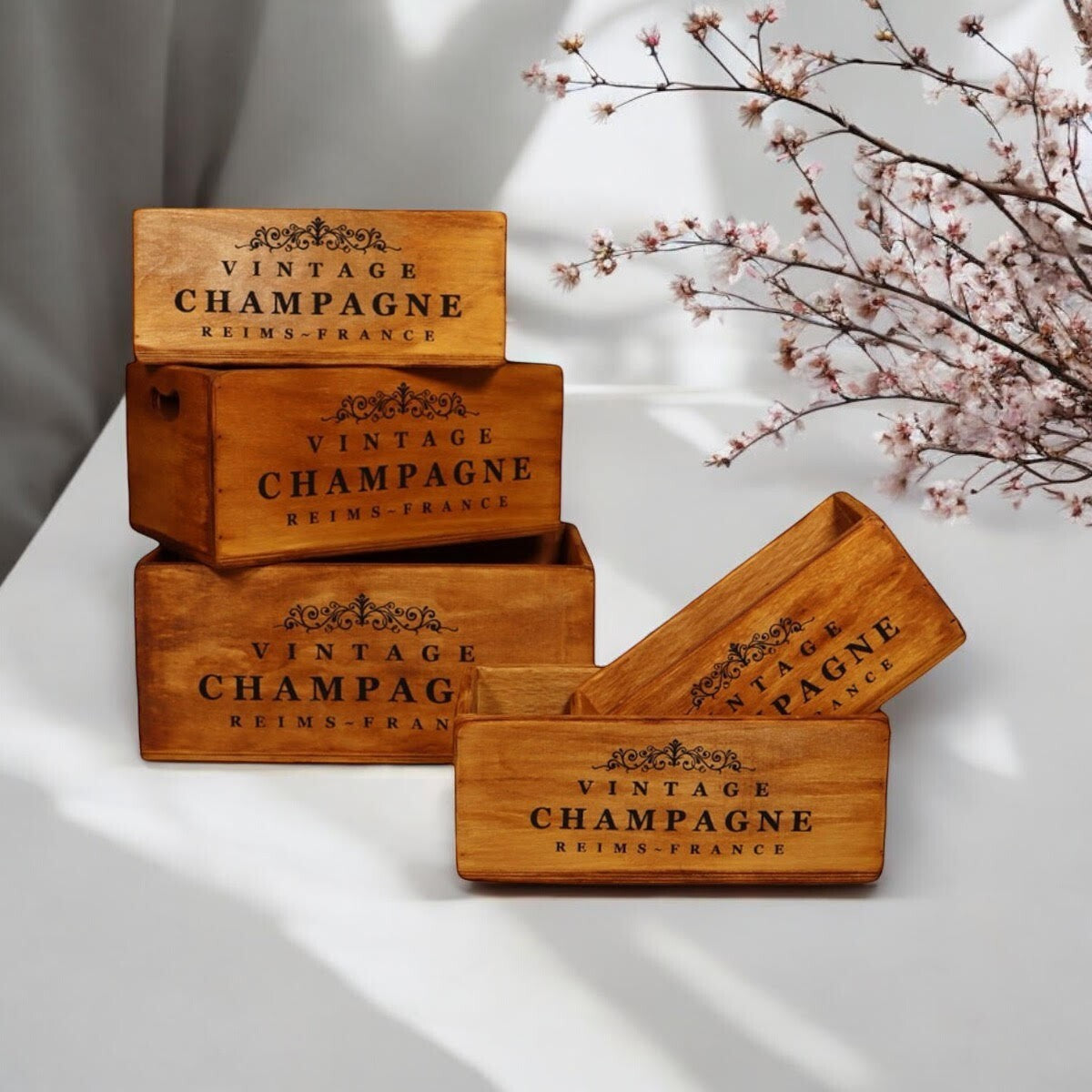 Rustic Vintage Champagne Wooden Gift Display Storage Crate Set 5