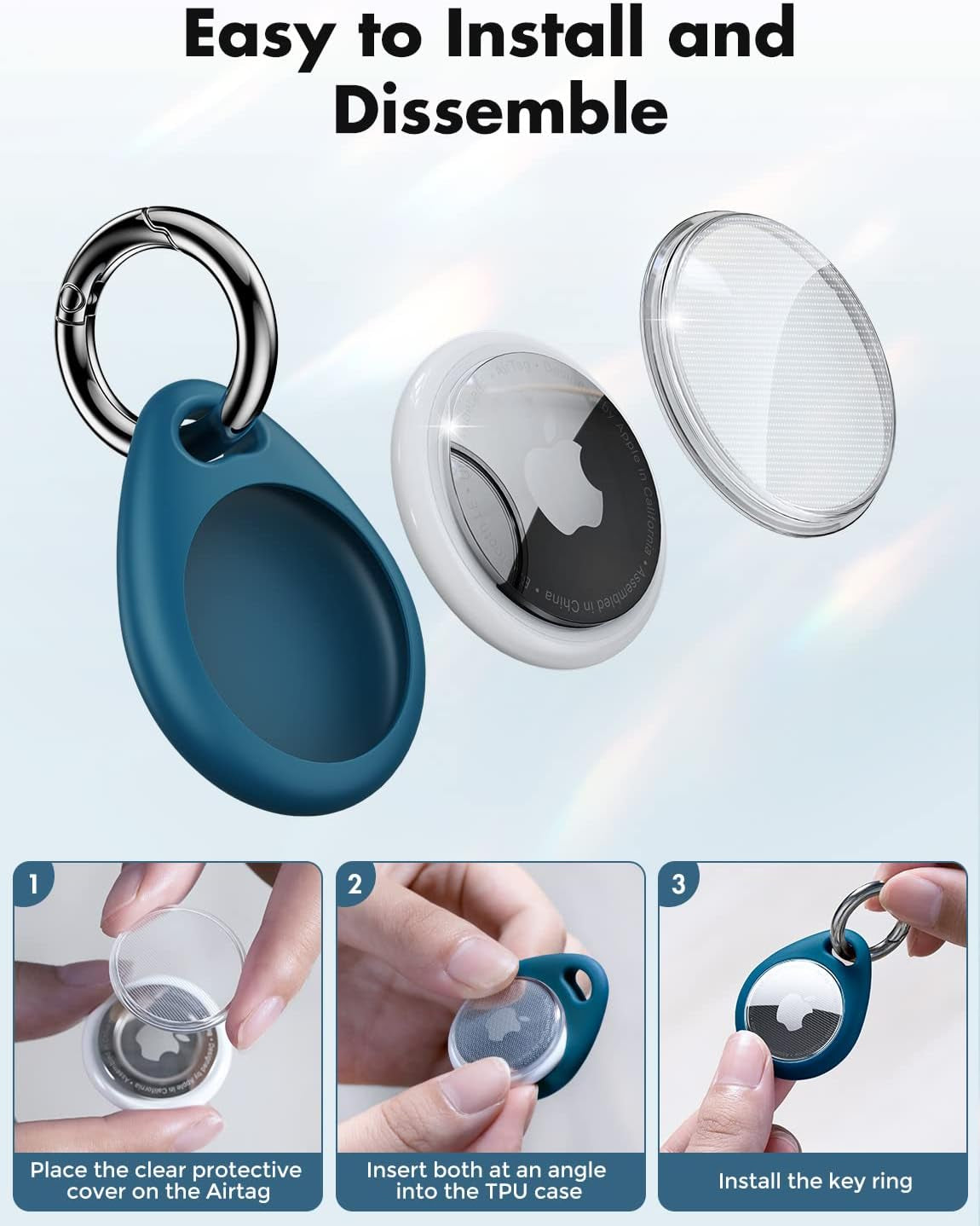 Unbreakcable 360° Protective Case for Airtag, [4-Pack] Airtags Keyring Holder, Scratch-Resistant, Lock Design, Keychain for Airtag, TPU Full Cover Case for Key, Bag, Luggage, Pet Collar (Black&Blue)