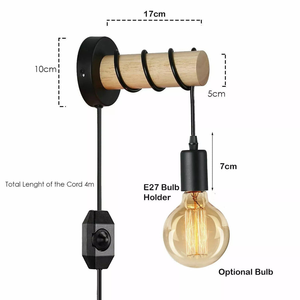 Plug in Wall Light Adjustable Single Wood Arm Reading Wall Lamp Bedside Lighting