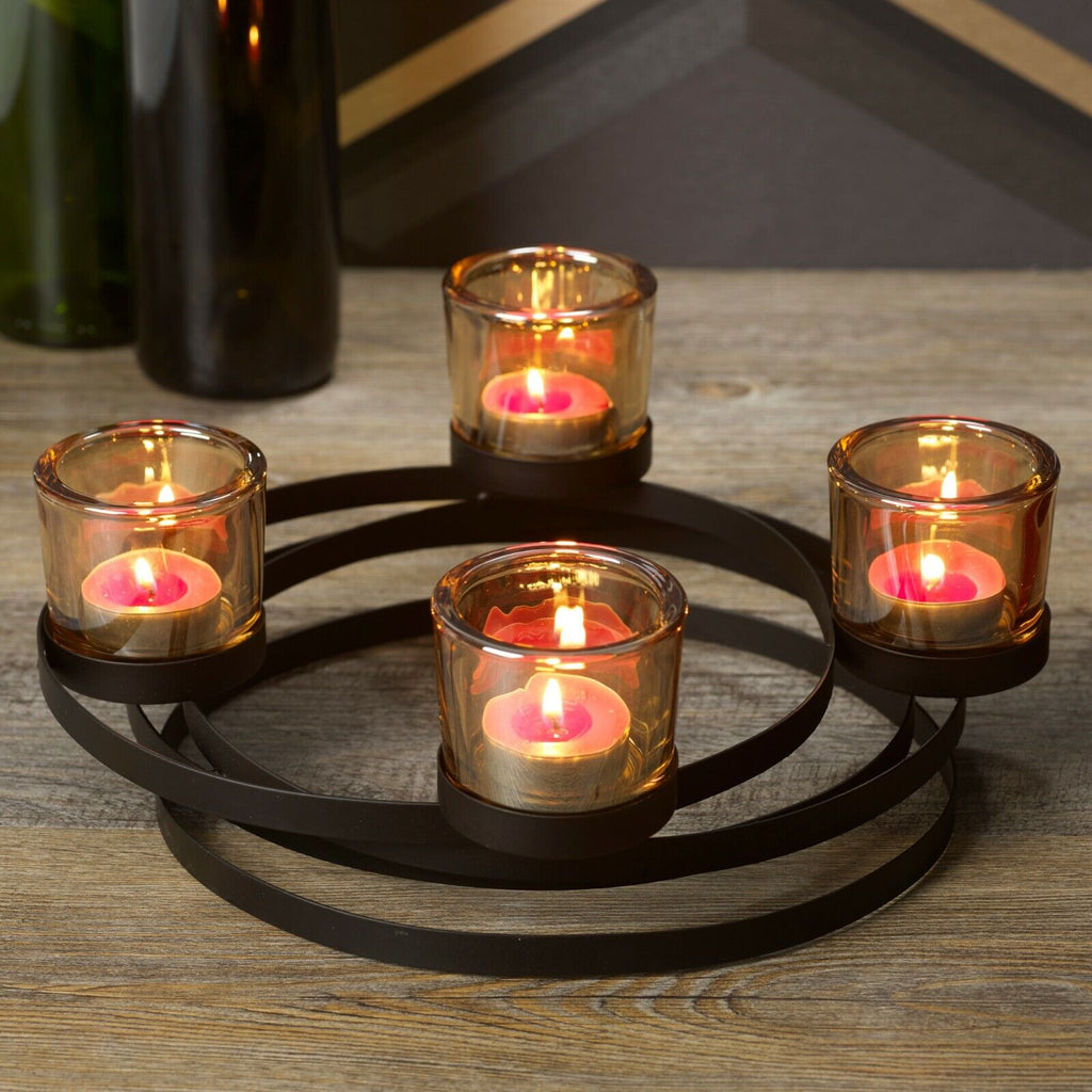 Round Black Metal 4 Tealights Candles Holder Centerpiece Table Home D?Cor Xmas