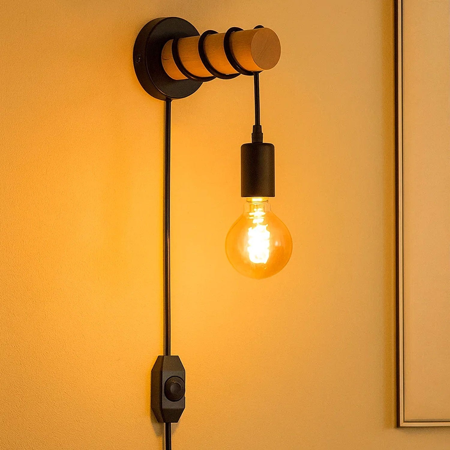 Plug in Wall Light Adjustable Single Wood Arm Reading Wall Lamp Bedside Lighting