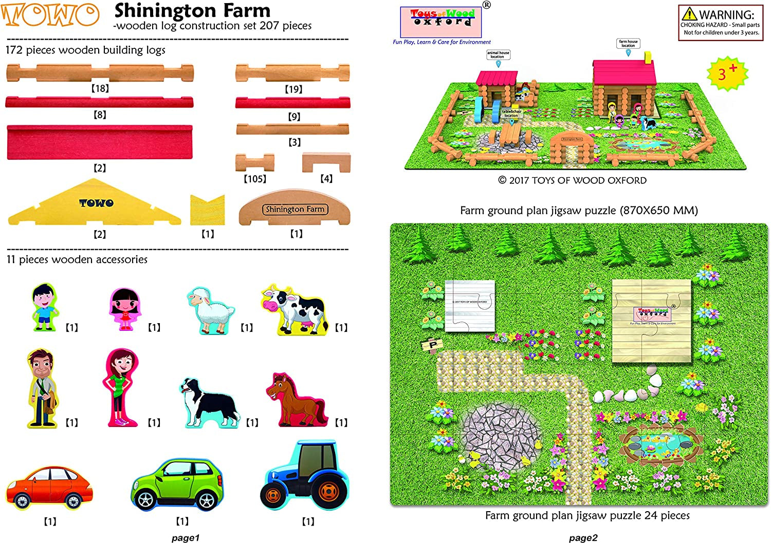 Wooden Logs Toys Farm Playset- Logs Building Set Farm House Wooden Construction Toys 207 Pieces for 3 4 5 6 Year Olds