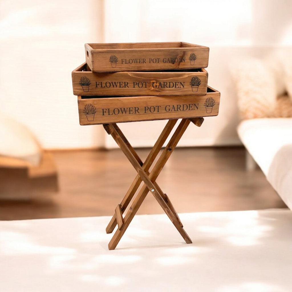 Vintage Wooden Butler Tray Set with Stand – 3 Garden Trays Handles for Serving