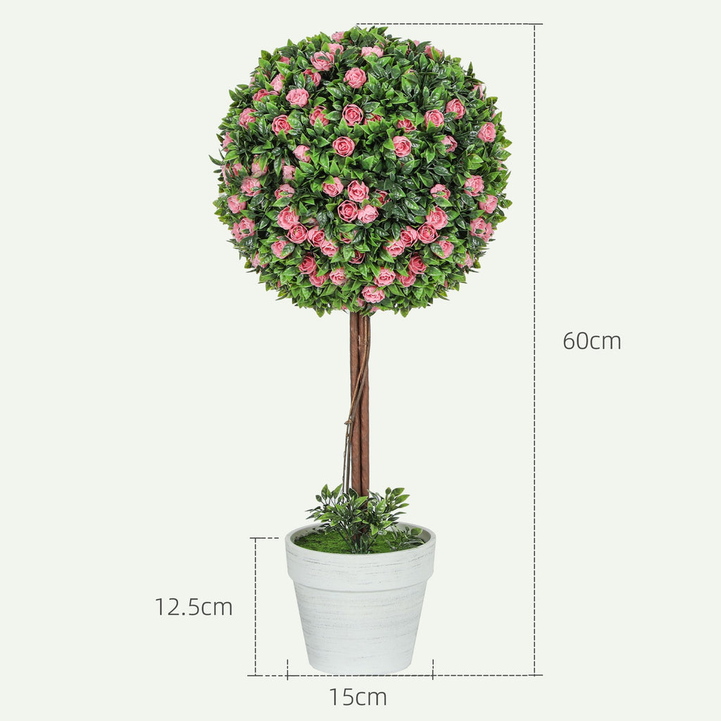 HOMCOM Set of 2 Artificial Plants with Rose Flower in Pot, 60Cm, Pink