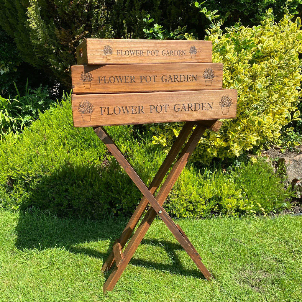 Vintage Wooden Butler Tray Set with Stand – 3 Garden Trays Handles for Serving