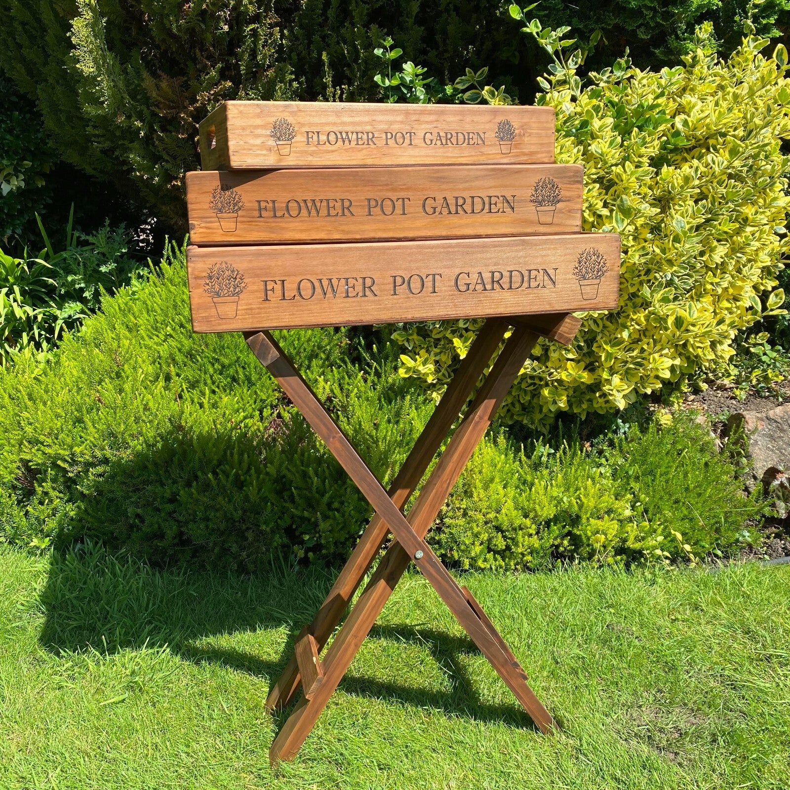 Vintage Wooden Butler Tray Set with Stand – 3 Garden Trays Handles for Serving