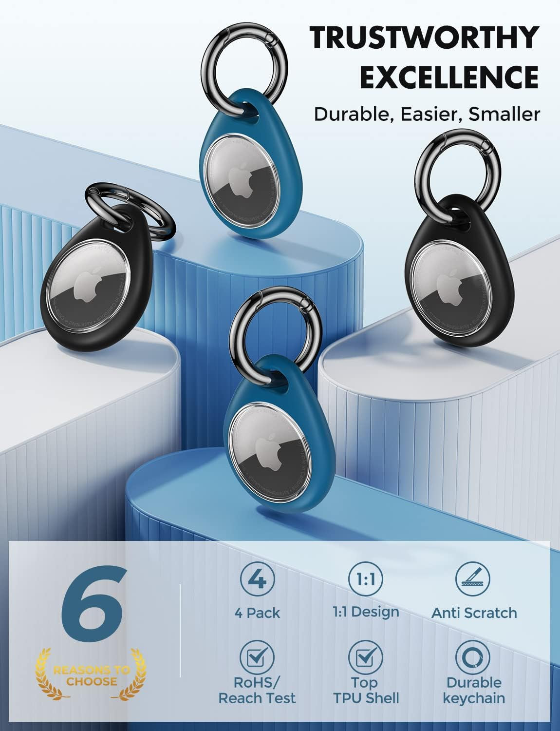 Unbreakcable 360° Protective Case for Airtag, [4-Pack] Airtags Keyring Holder, Scratch-Resistant, Lock Design, Keychain for Airtag, TPU Full Cover Case for Key, Bag, Luggage, Pet Collar (Black&Blue)