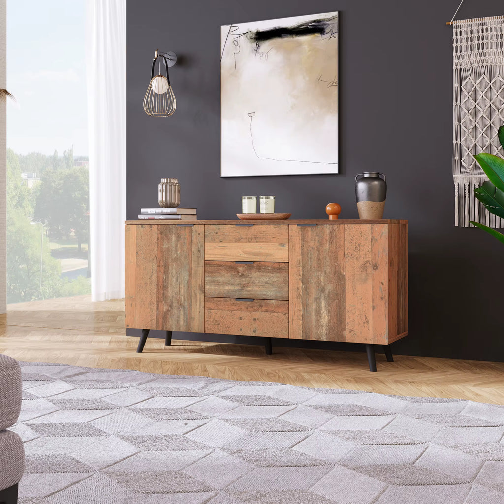 Vintage Sideboard Storage Cabinet with Adjustable Shelves and 3 Drawers, Sideboard for Living Room, Dining Room, and Kitchen