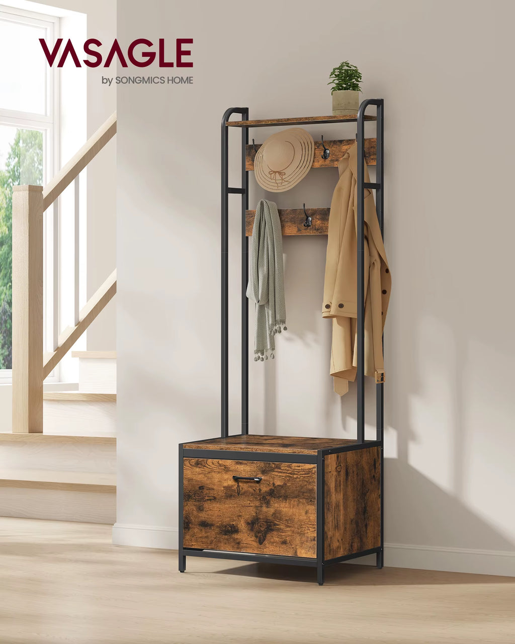 Coat Rack with Shoe Storage, Hall Tree with Bench, 7 Hooks and Top Shelf, for Hallway, Bedroom, Industrial Style