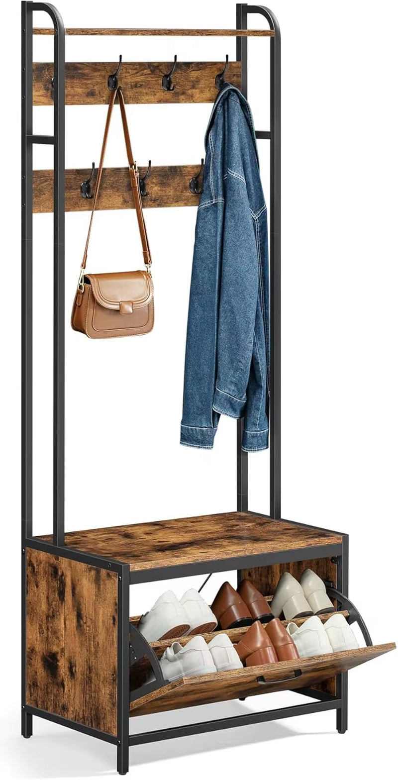 Coat Rack with Shoe Storage, Hall Tree with Bench, 7 Hooks and Top Shelf, for Hallway, Bedroom, Industrial Style