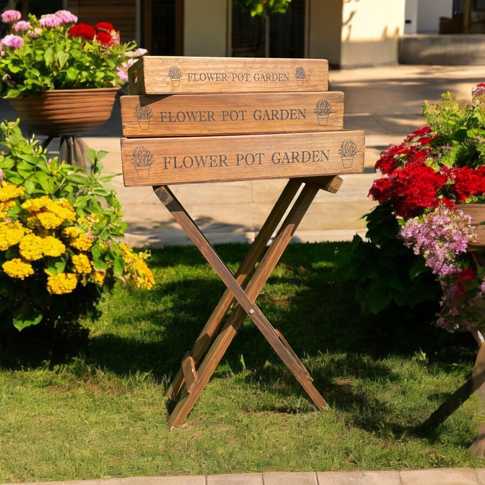 Vintage Wooden Butler Tray Set with Stand – 3 Garden Trays Handles for Serving