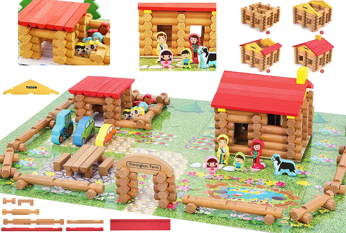 Wooden Logs Toys Farm Playset- Logs Building Set Farm House Wooden Construction Toys 207 Pieces for 3 4 5 6 Year Olds