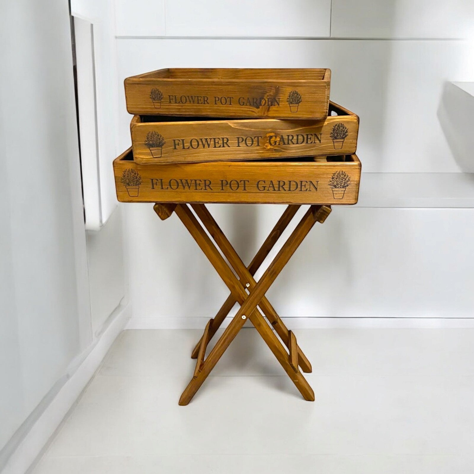 Vintage Wooden Butler Tray Set with Stand – 3 Garden Trays Handles for Serving