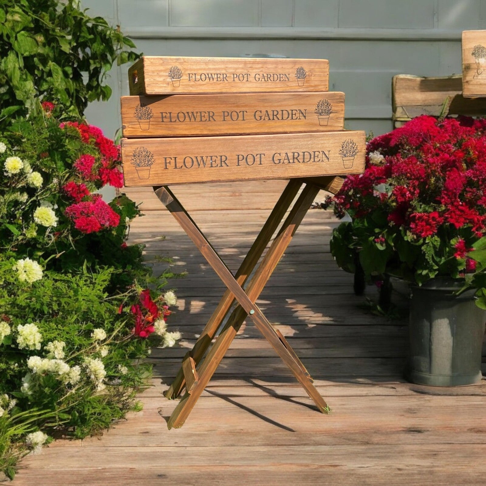 Vintage Wooden Butler Tray Set with Stand – 3 Garden Trays Handles for Serving