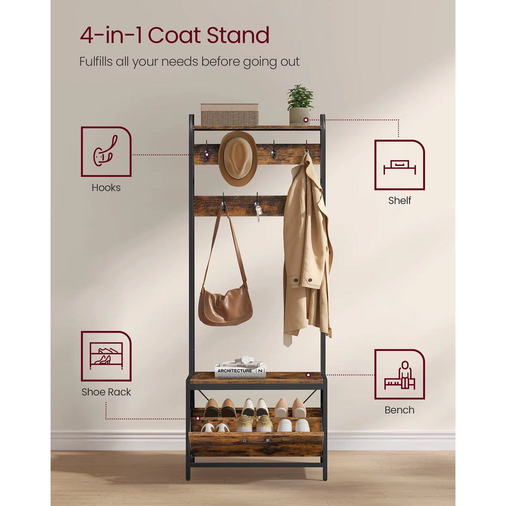 Coat Rack with Shoe Storage, Hall Tree with Bench, 7 Hooks and Top Shelf, for Hallway, Bedroom, Industrial Style