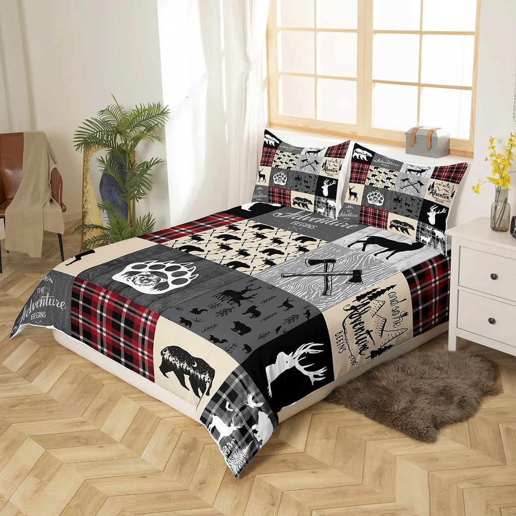 Hunting Bear Queen Bedding Set, Rustic Deer Elk Comforter Cover Country Camper Lodge Duvet Cover Teens Adult Bedroom Decor, Geometric Patchwork Retro Cabin Quilt Cover, Black Gray Red (No Comforter)