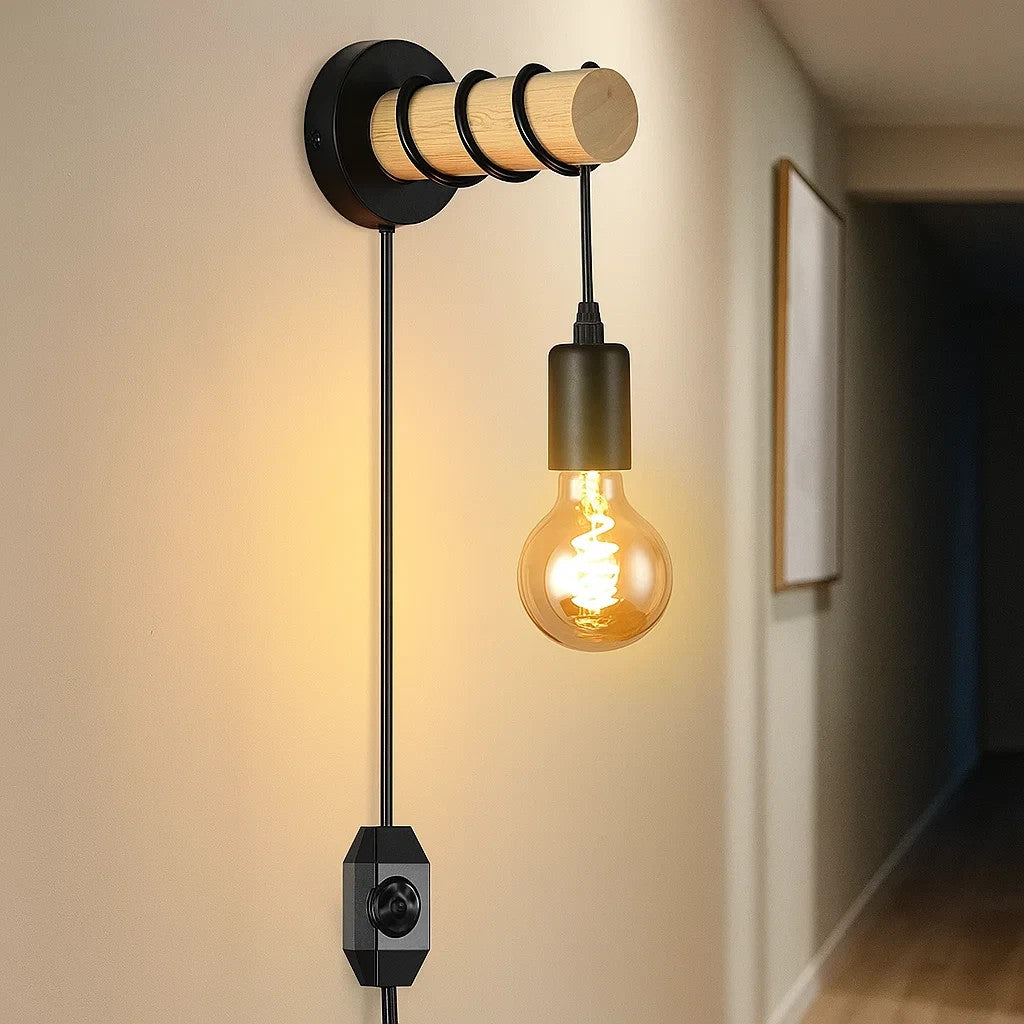 Plug in Wall Light Adjustable Single Wood Arm Reading Wall Lamp Bedside Lighting