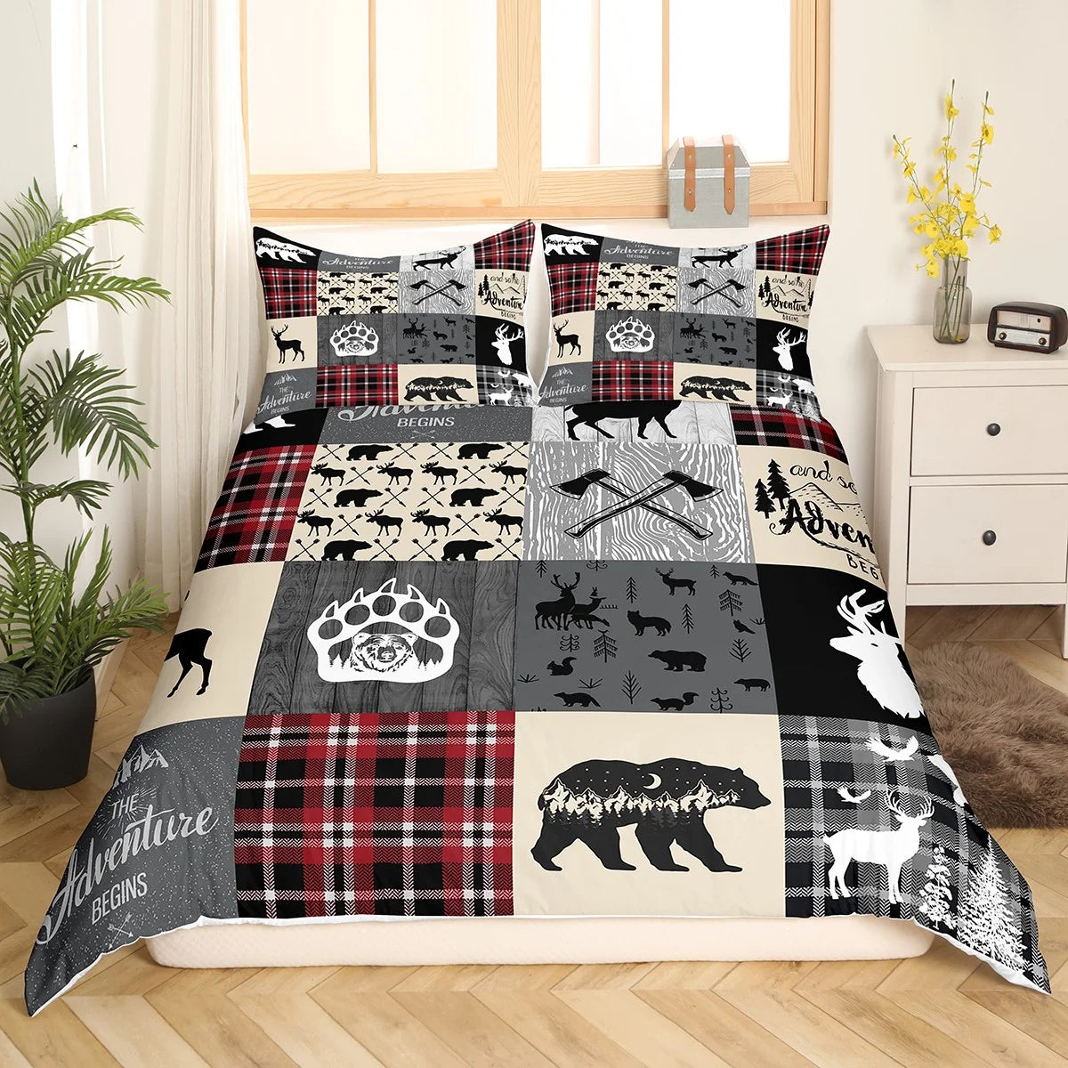 Hunting Bear Queen Bedding Set, Rustic Deer Elk Comforter Cover Country Camper Lodge Duvet Cover Teens Adult Bedroom Decor, Geometric Patchwork Retro Cabin Quilt Cover, Black Gray Red (No Comforter)