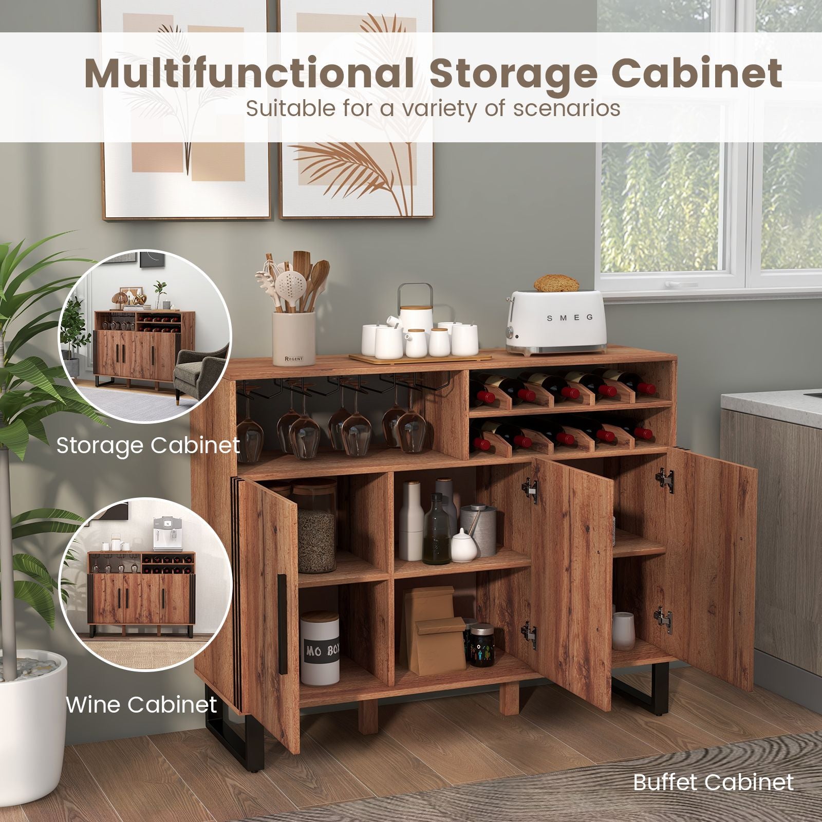 Home Wine Bar Cabinet with 3 Door and 4-Row Glass