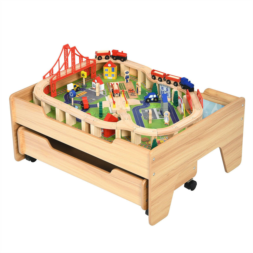 100 Pcs Kid'S Wooden Train Railway Track Set Table