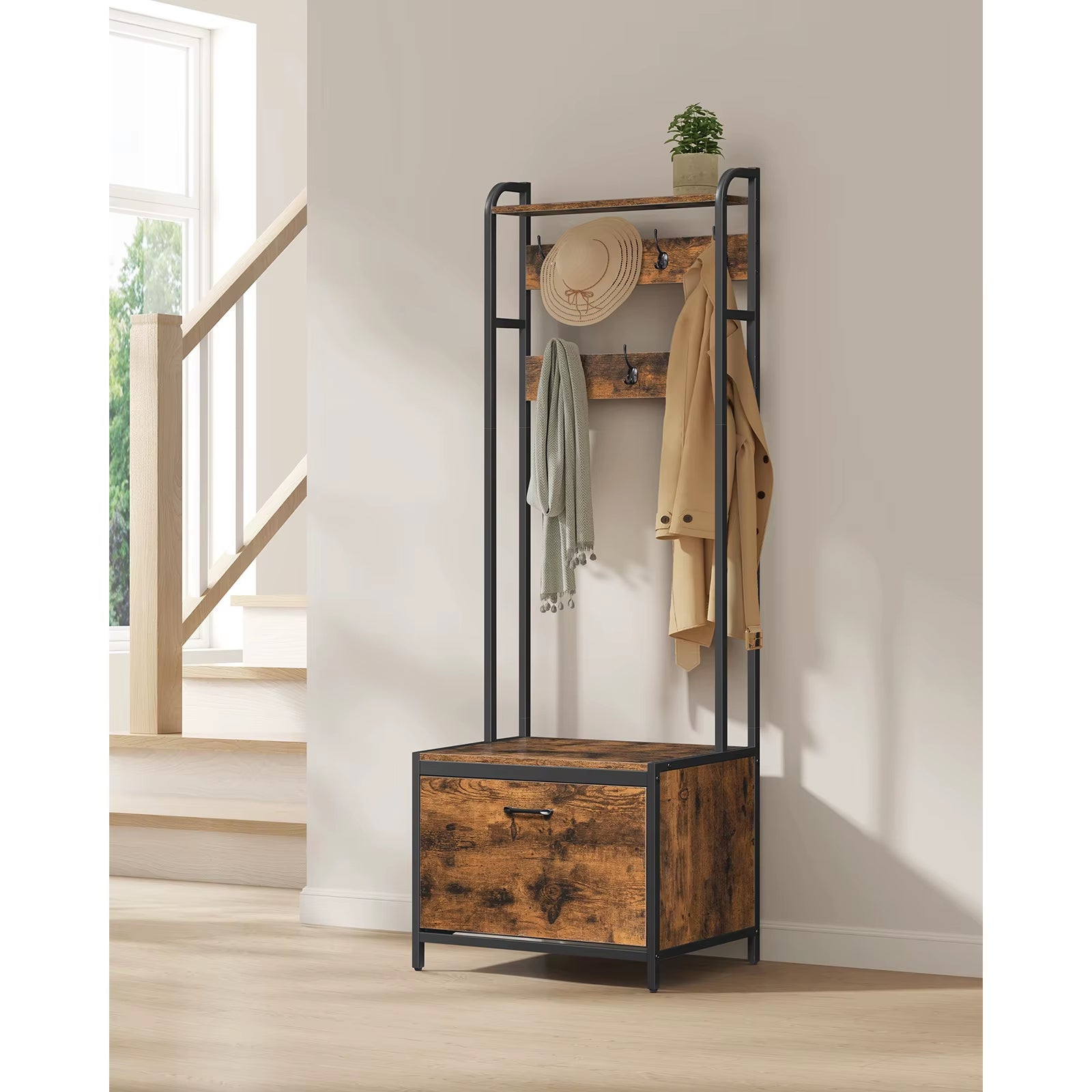 Coat Rack with Shoe Storage, Hall Tree with Bench, 7 Hooks and Top Shelf, for Hallway, Bedroom, Industrial Style