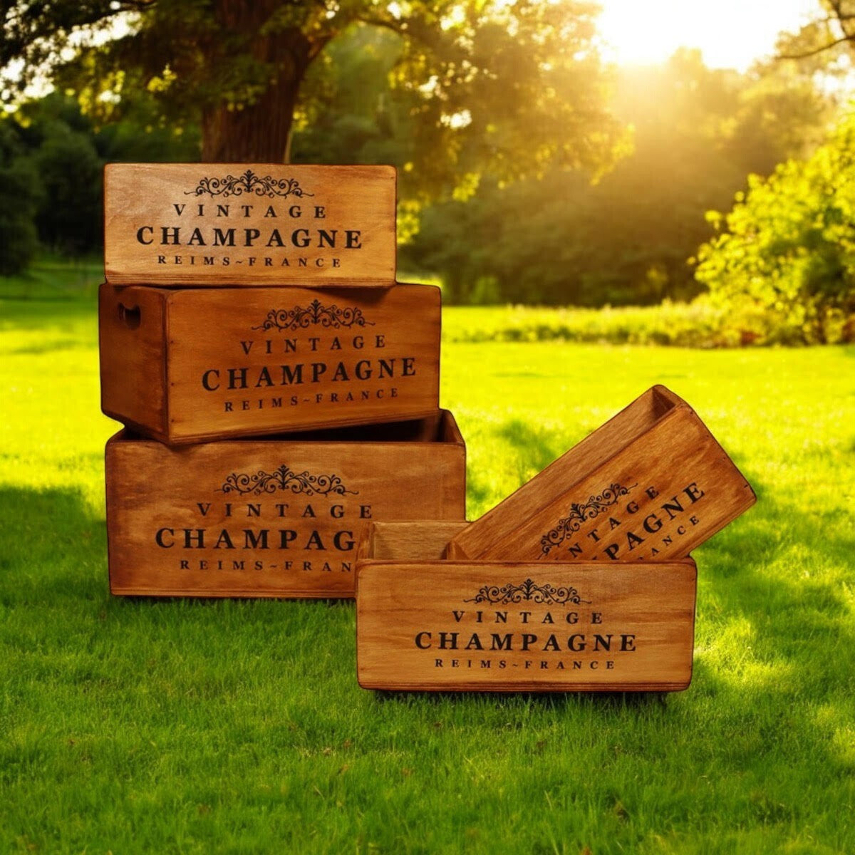 Rustic Vintage Champagne Wooden Gift Display Storage Crate Set 5