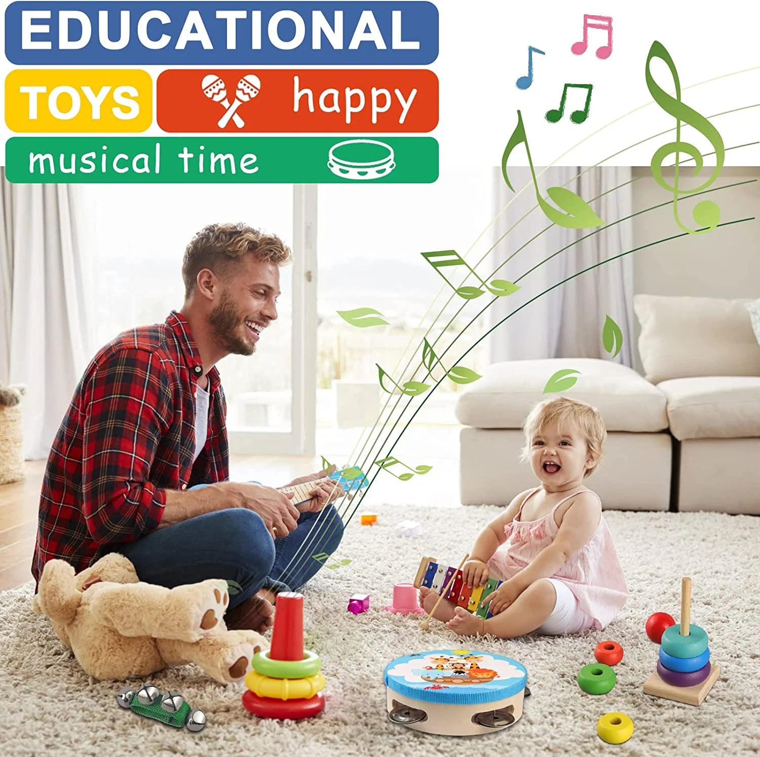 Toddler Musical Instruments,Wooden Percussion Instruments for Baby Kids Preschool Educational Musical Toys Set Boys Girls with Carrying Bag