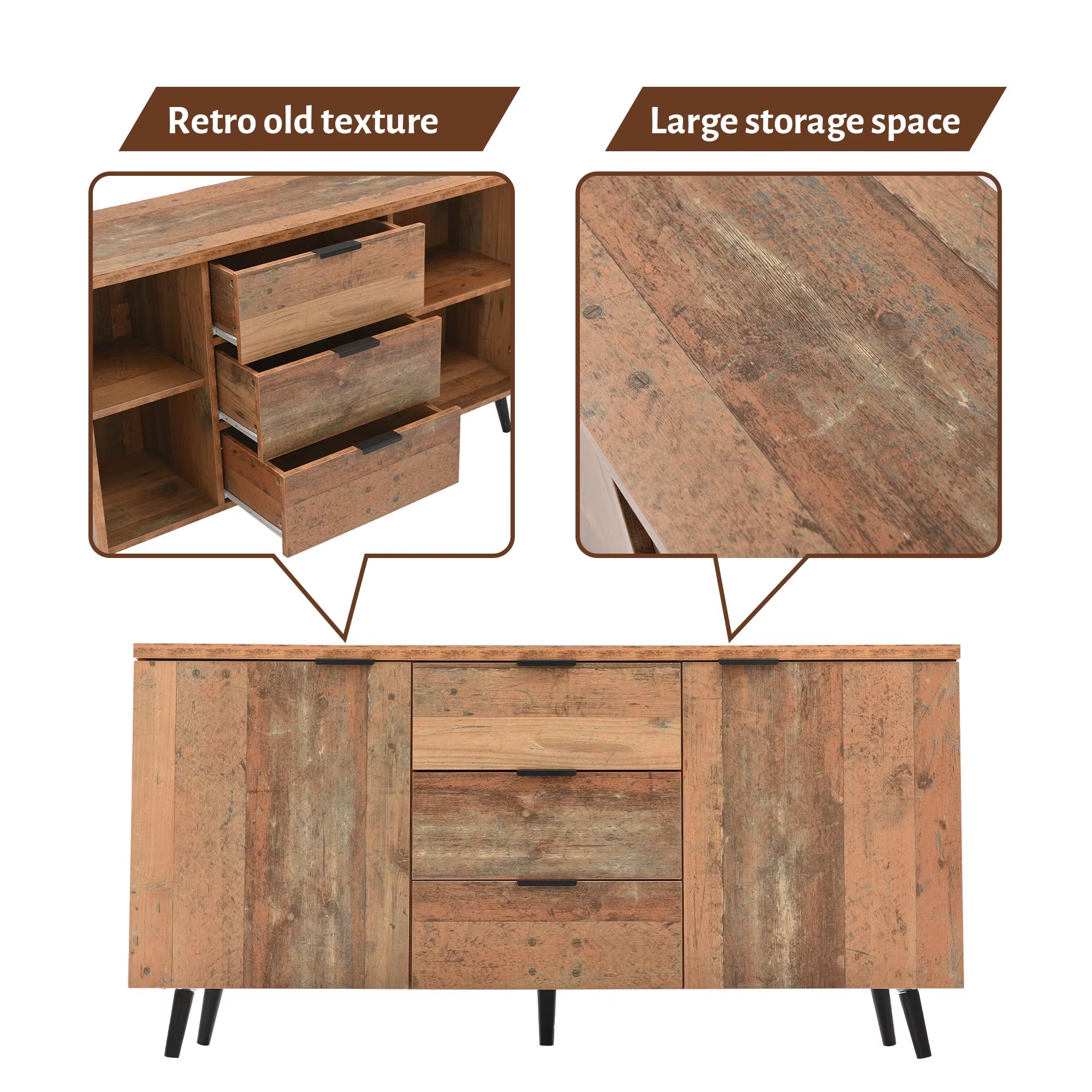 Vintage Sideboard Storage Cabinet with Adjustable Shelves and 3 Drawers, Sideboard for Living Room, Dining Room, and Kitchen