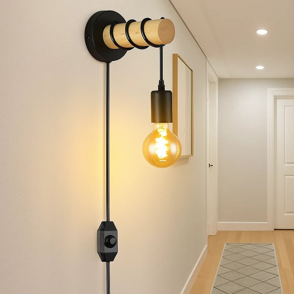 Plug in Wall Light Adjustable Single Wood Arm Reading Wall Lamp Bedside Lighting