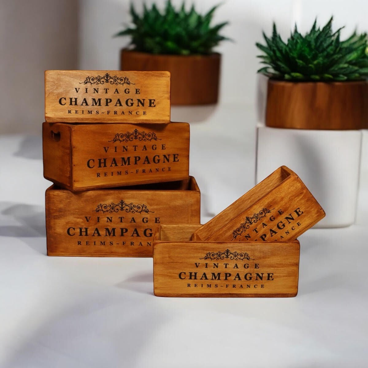 Rustic Vintage Champagne Wooden Gift Display Storage Crate Set 5