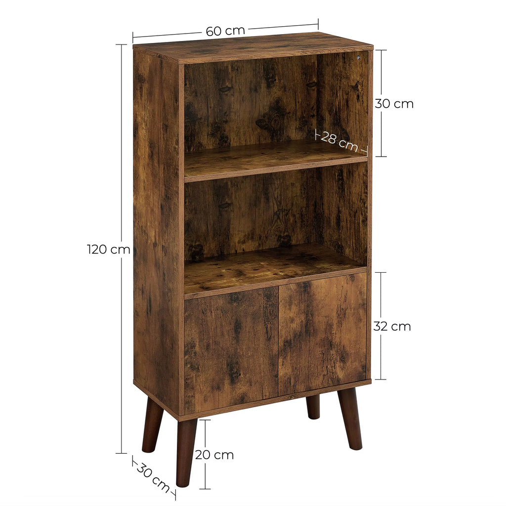 Rustic Bookcase 3 Tier Storage Shelf with Doors for Books, Photos, Decorations in Living Room, Office, Bookcase