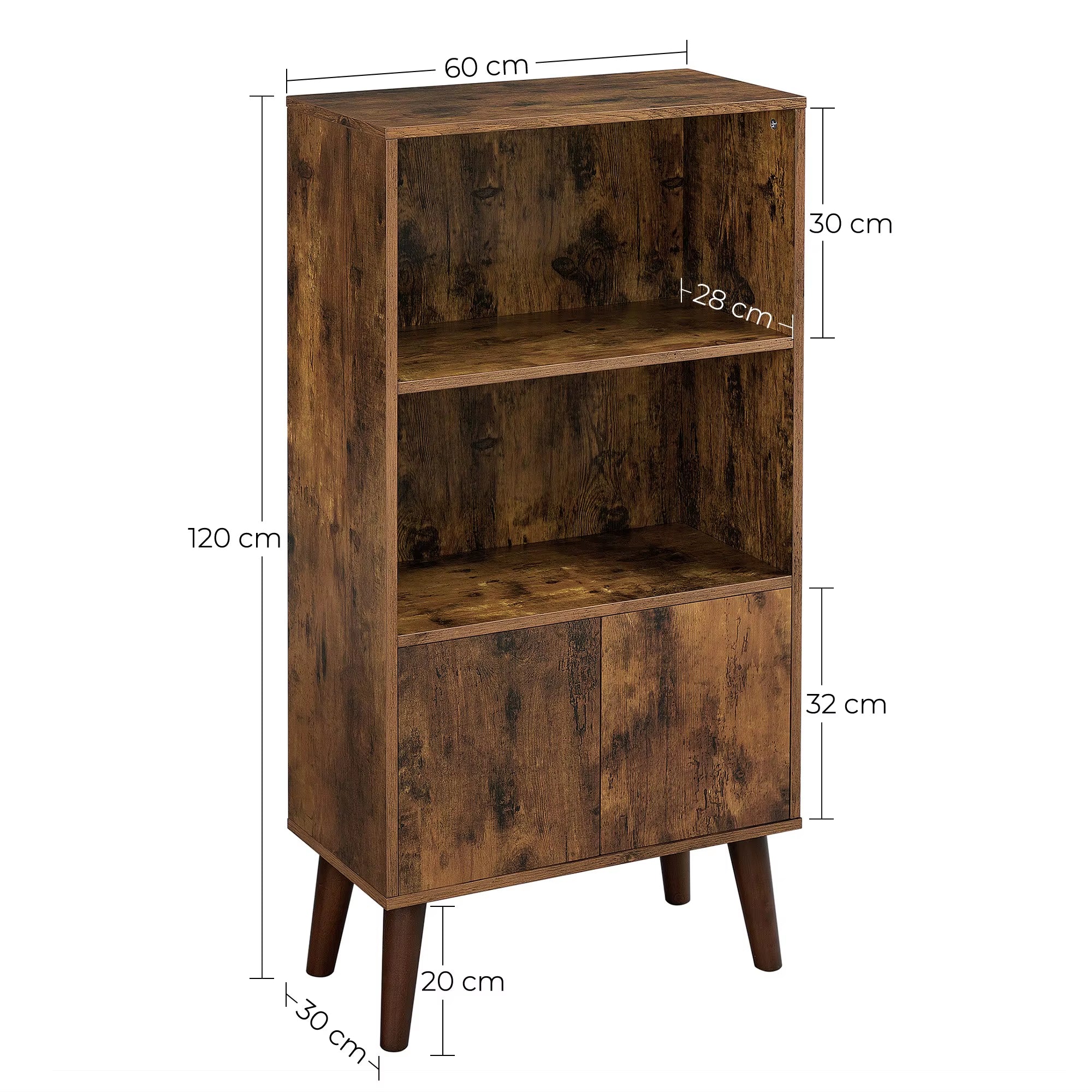 Rustic Bookcase 3 Tier Storage Shelf with Doors for Books, Photos, Decorations in Living Room, Office, Bookcase