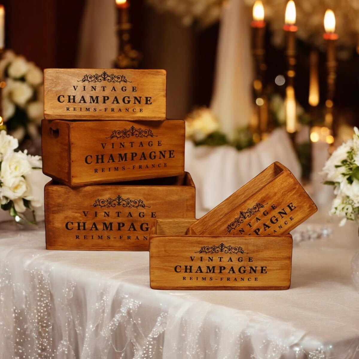 Rustic Vintage Champagne Wooden Gift Display Storage Crate Set 5