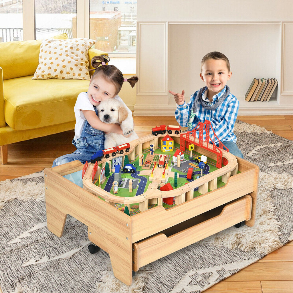 100 Pcs Kid'S Wooden Train Railway Track Set Table