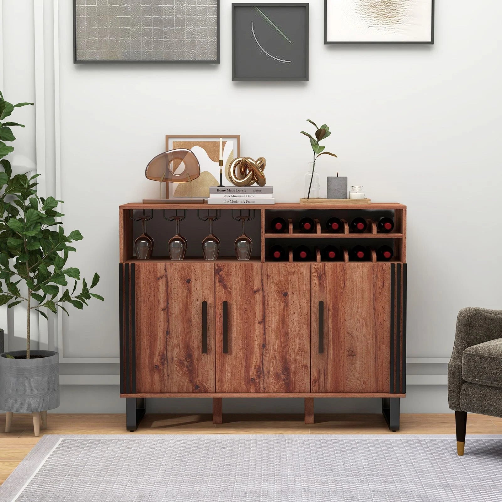 Home Wine Bar Cabinet with 3 Door and 4-Row Glass