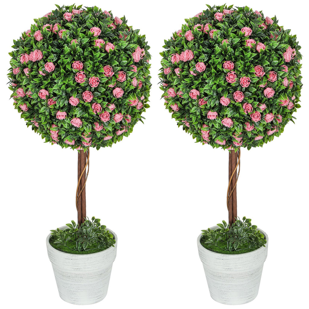 HOMCOM Set of 2 Artificial Plants with Rose Flower in Pot, 60Cm, Pink