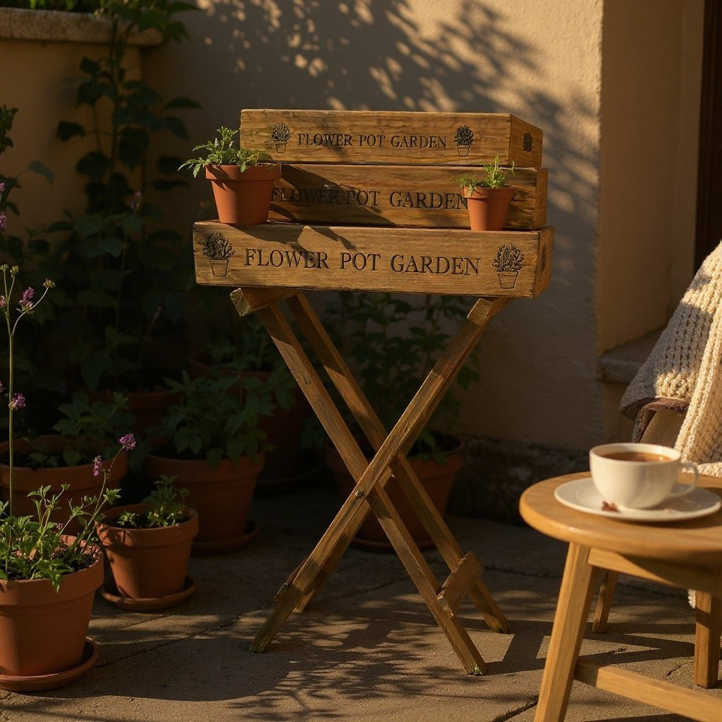 Vintage Wooden Butler Tray Set with Stand – 3 Garden Trays Handles for Serving