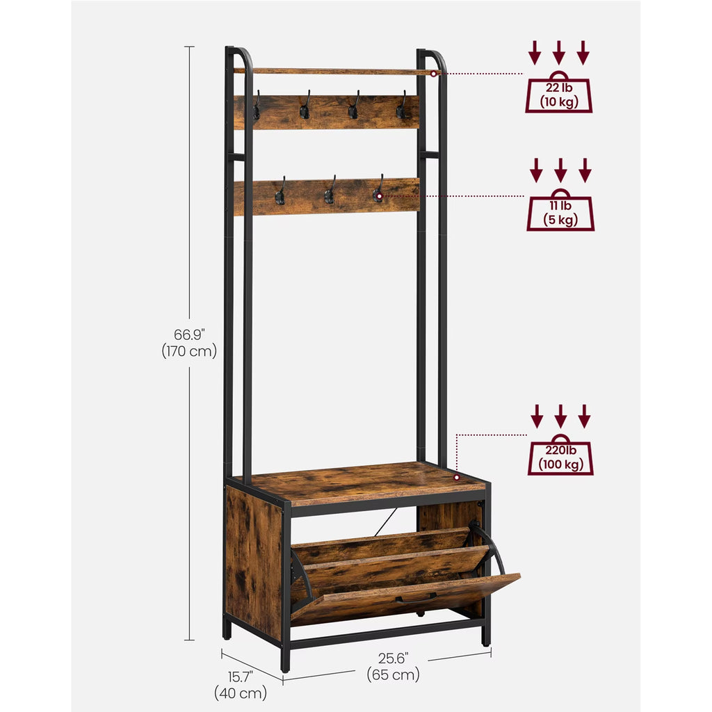 Coat Rack with Shoe Storage, Hall Tree with Bench, 7 Hooks and Top Shelf, for Hallway, Bedroom, Industrial Style