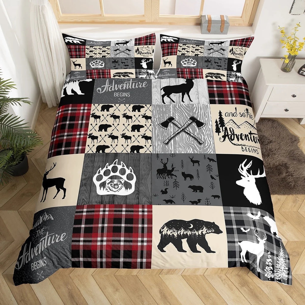 Hunting Bear Queen Bedding Set, Rustic Deer Elk Comforter Cover Country Camper Lodge Duvet Cover Teens Adult Bedroom Decor, Geometric Patchwork Retro Cabin Quilt Cover, Black Gray Red (No Comforter)