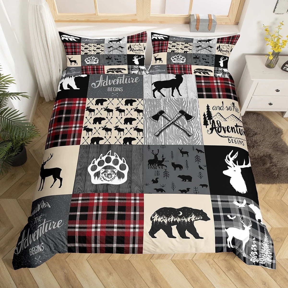 Hunting Bear Queen Bedding Set, Rustic Deer Elk Comforter Cover Country Camper Lodge Duvet Cover Teens Adult Bedroom Decor, Geometric Patchwork Retro Cabin Quilt Cover, Black Gray Red (No Comforter)