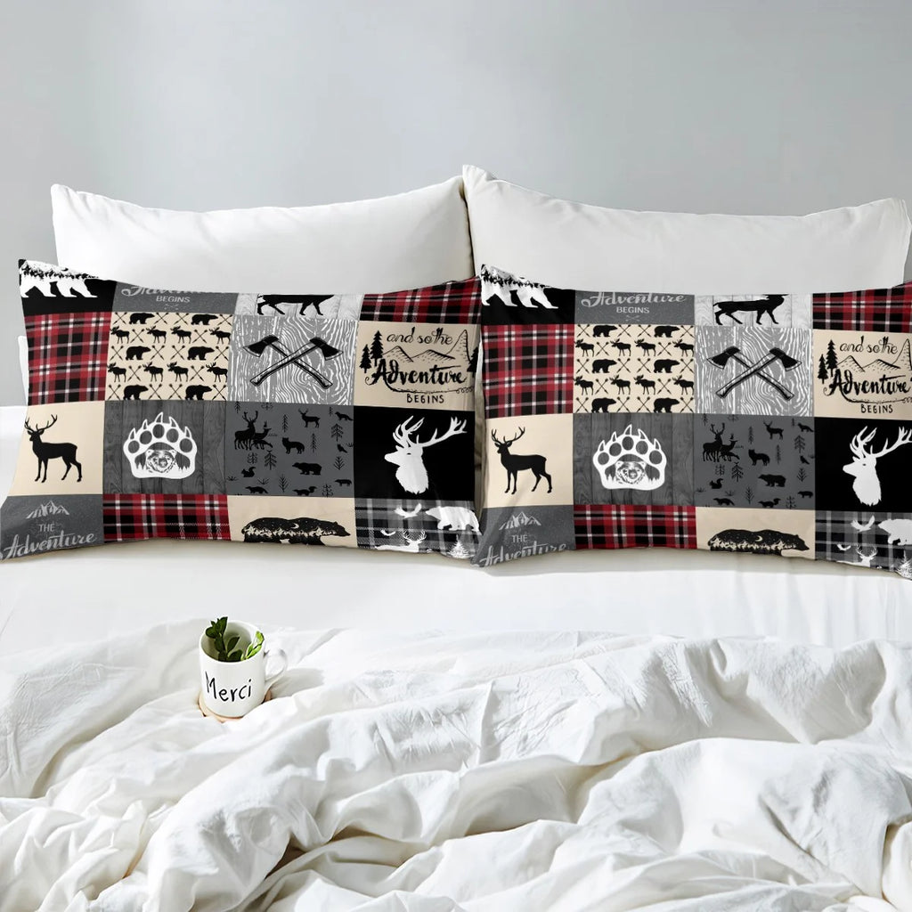 Hunting Bear Queen Bedding Set, Rustic Deer Elk Comforter Cover Country Camper Lodge Duvet Cover Teens Adult Bedroom Decor, Geometric Patchwork Retro Cabin Quilt Cover, Black Gray Red (No Comforter)