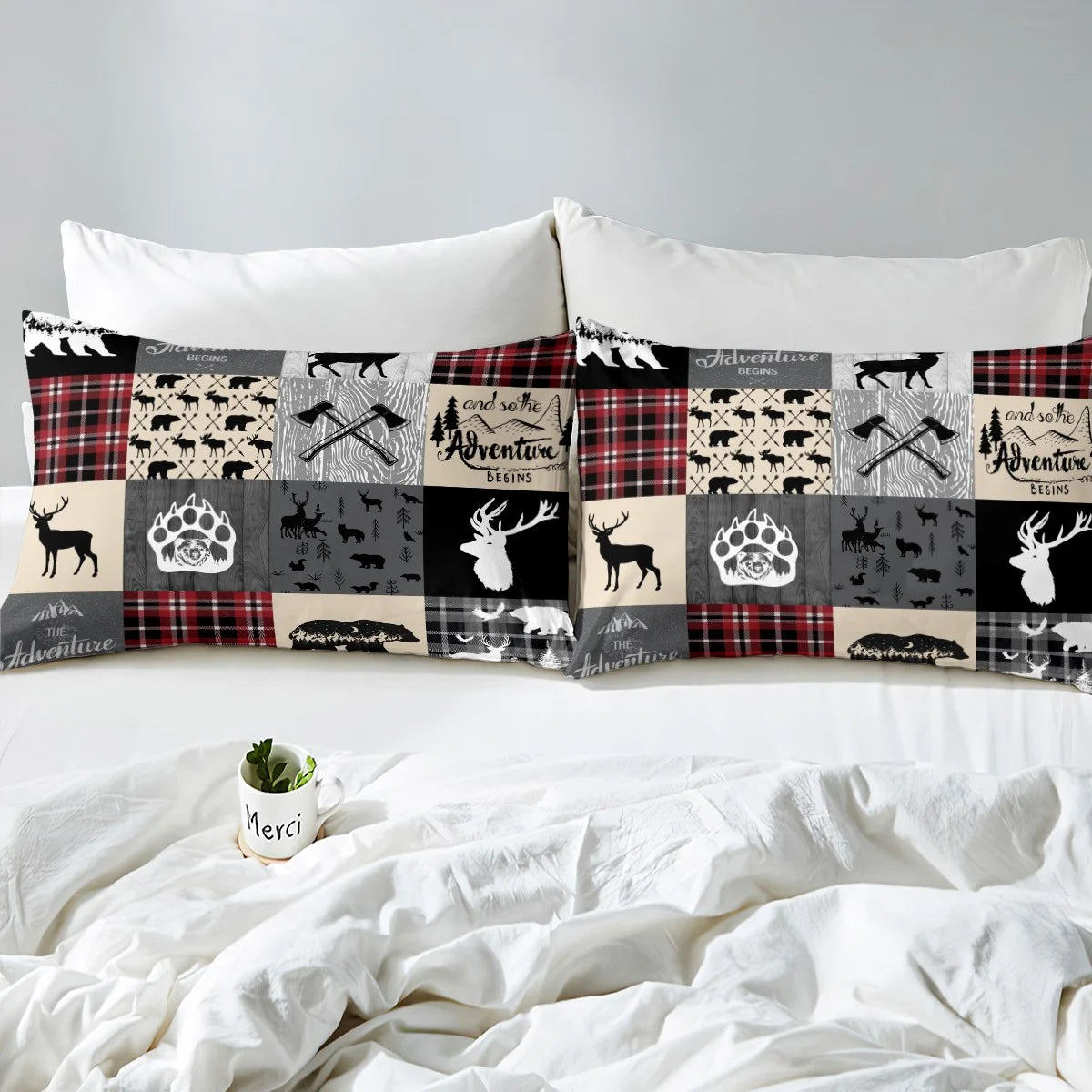 Hunting Bear Queen Bedding Set, Rustic Deer Elk Comforter Cover Country Camper Lodge Duvet Cover Teens Adult Bedroom Decor, Geometric Patchwork Retro Cabin Quilt Cover, Black Gray Red (No Comforter)