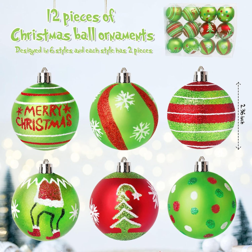 12X Christmas Grinch Decor Red Green Stripes Baubles Tree Xmas Balls Ornament