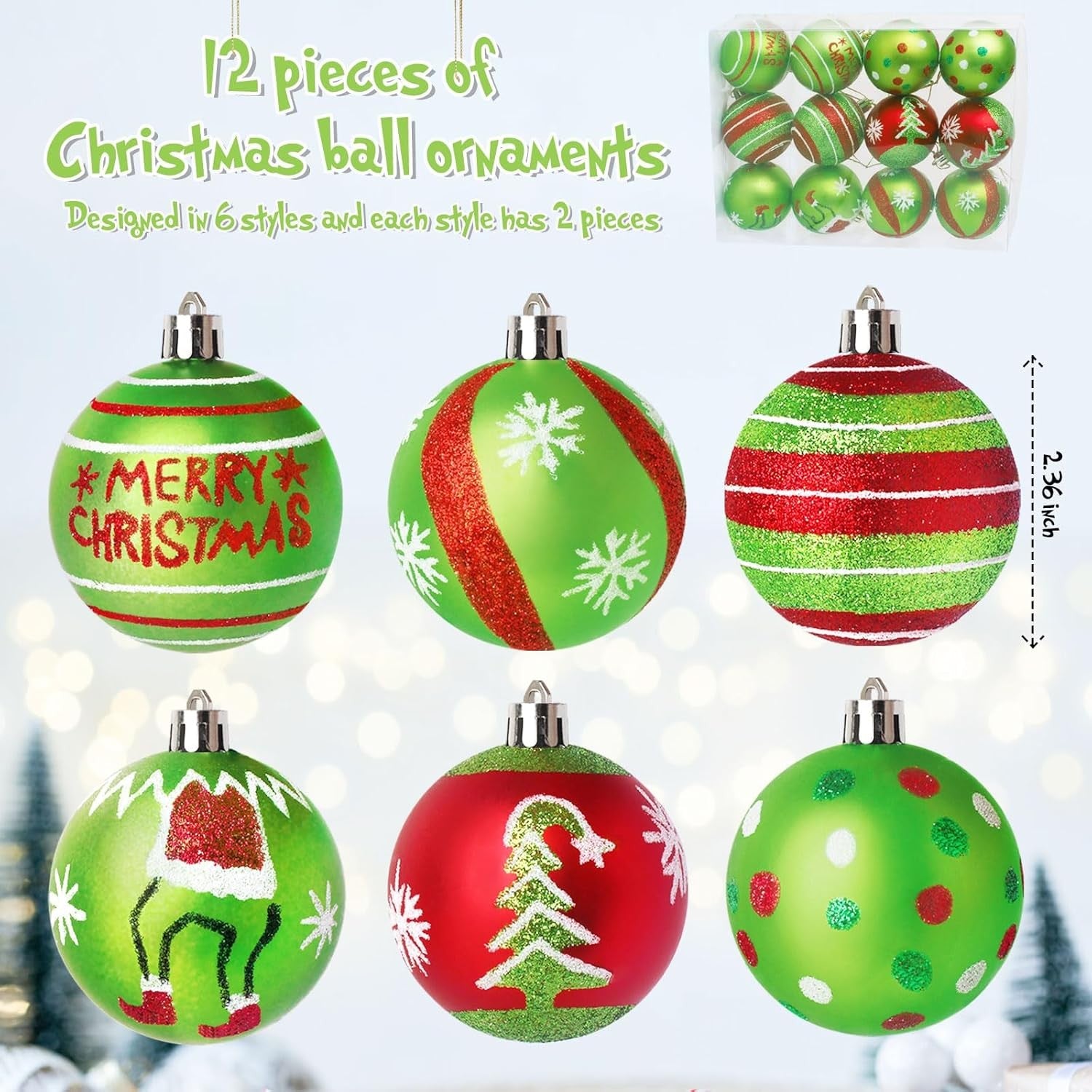 12X Christmas Grinch Decor Red Green Stripes Baubles Tree Xmas Balls Ornament