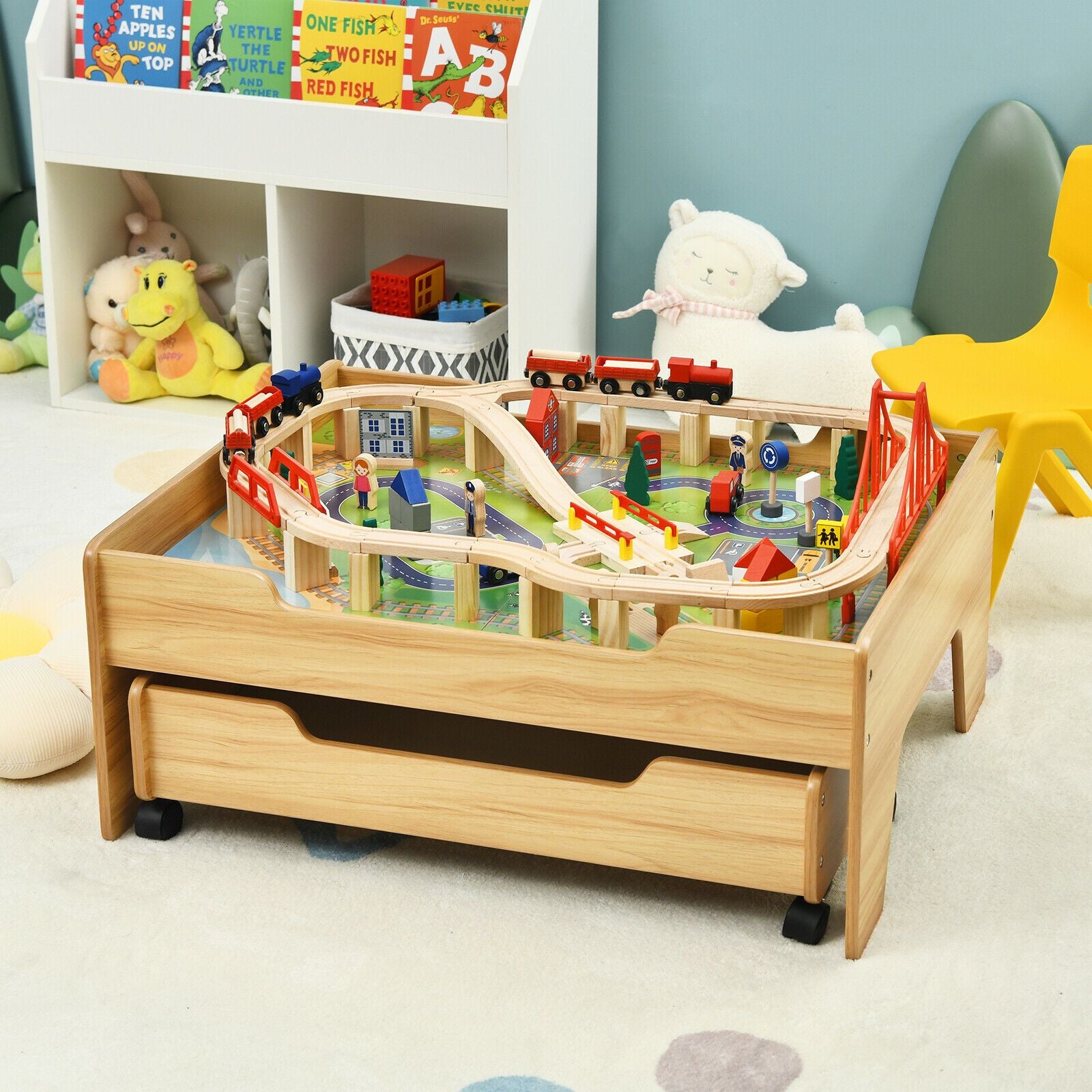 100 Pcs Kid'S Wooden Train Railway Track Set Table
