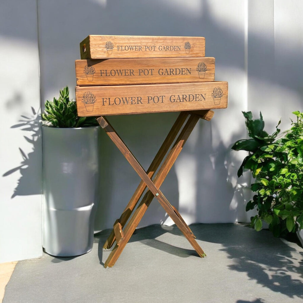 Vintage Wooden Butler Tray Set with Stand – 3 Garden Trays Handles for Serving