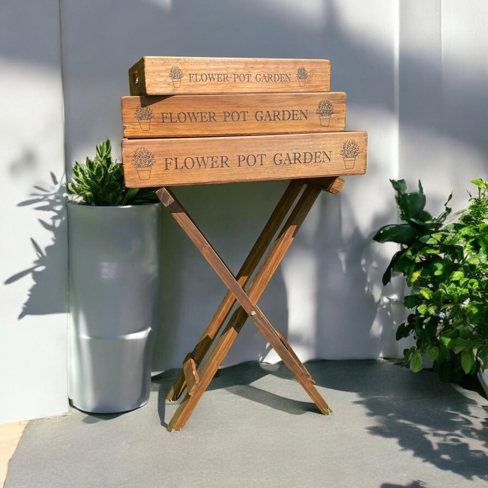 Vintage Wooden Butler Tray Set with Stand – 3 Garden Trays Handles for Serving