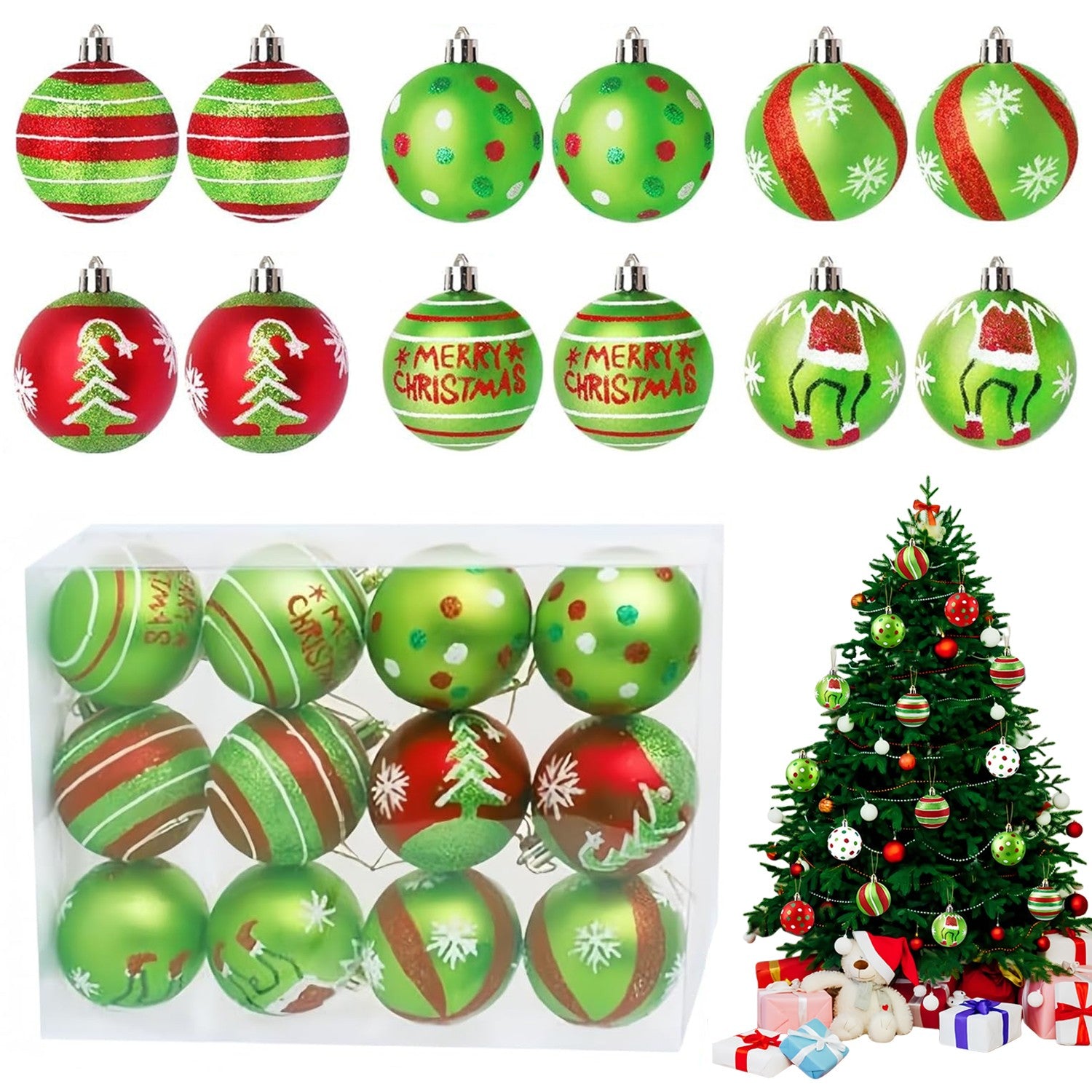 12X Christmas Grinch Decor Red Green Stripes Baubles Tree Xmas Balls Ornament